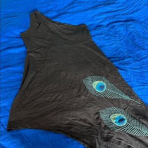 Synergy org. cotton asym 1 shoulder grey dress w/ peacock feathers